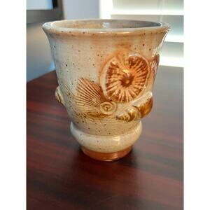 Art Pottery Shell Coffee Mug Artist Stamped Glazed Tapered Bottom Beachy